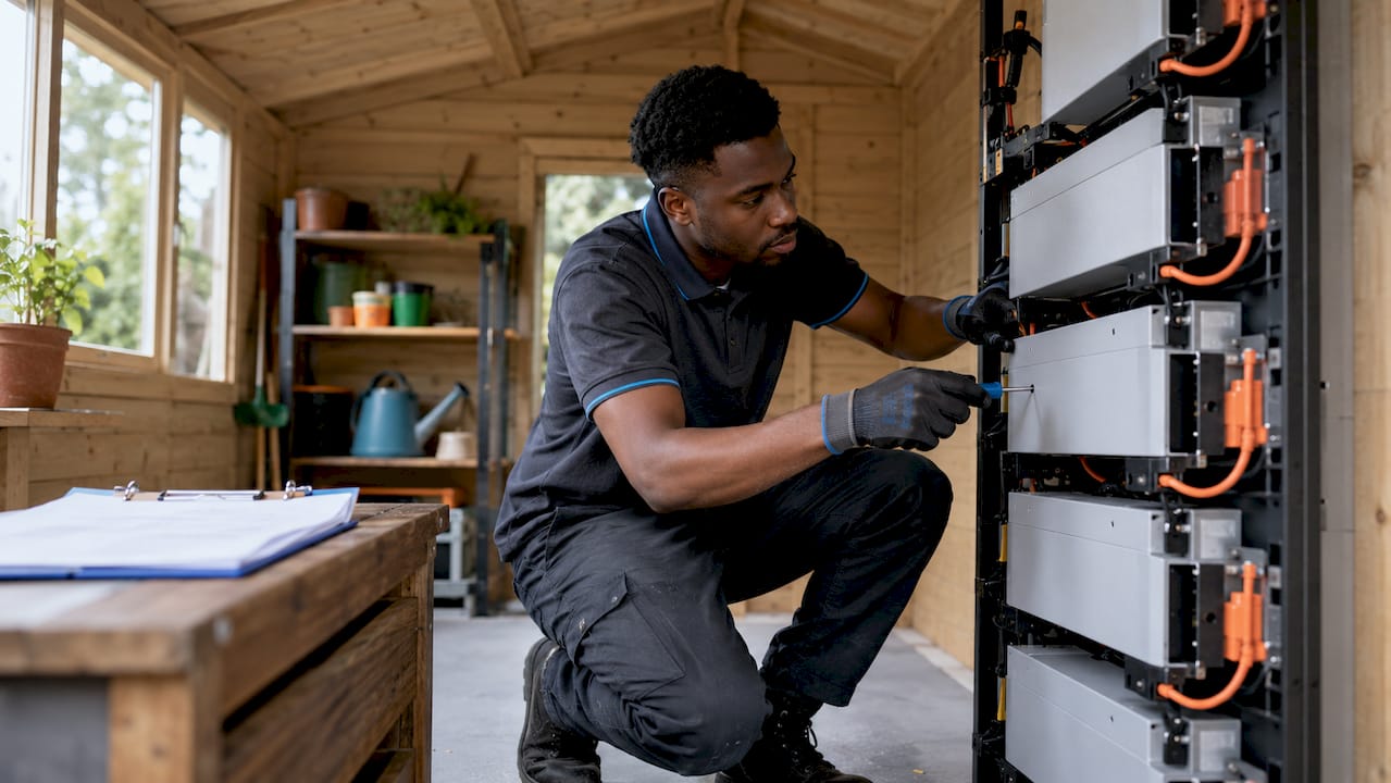 Technician installing modular battery module at home garage