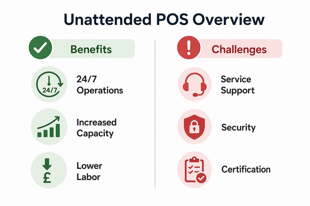 Infographic comparing benefits and challenges of unattended POS
