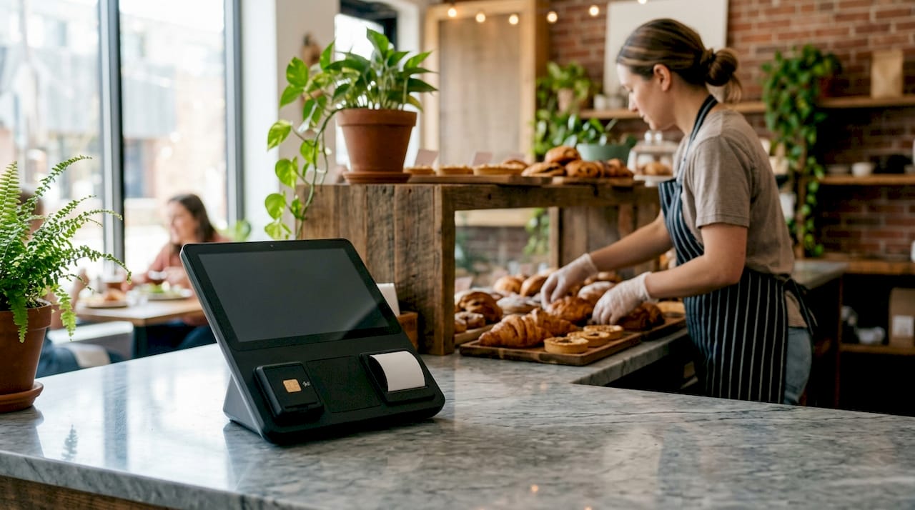 Unattended POS hardware at café counter