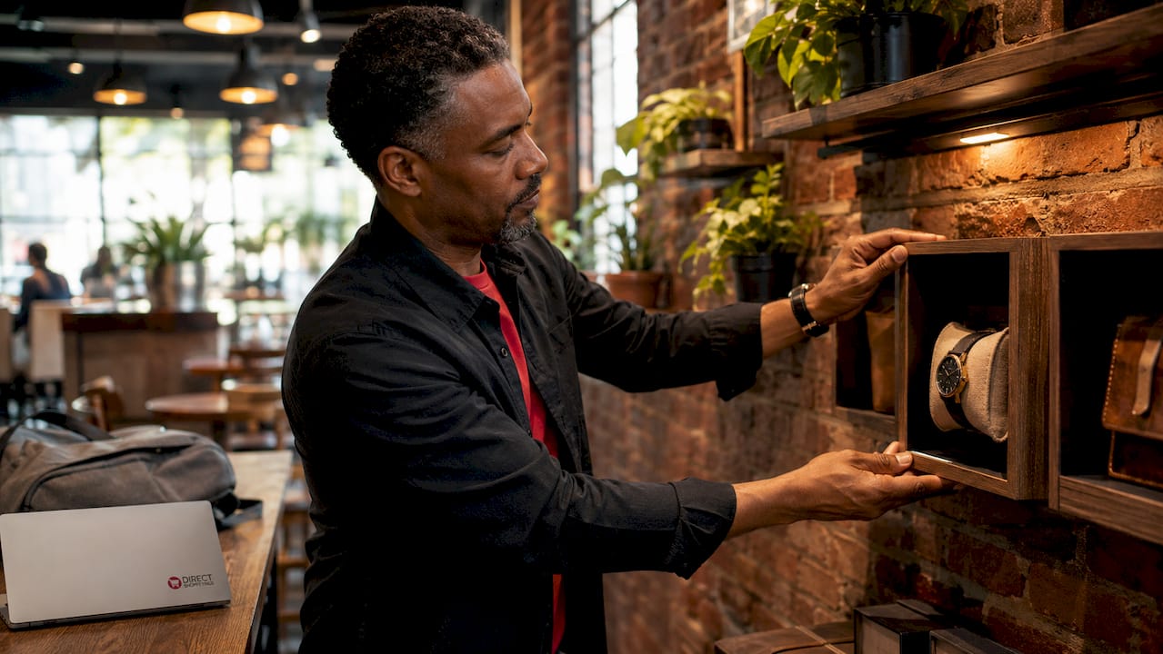 Merchandiser placing watch in shadow box display
