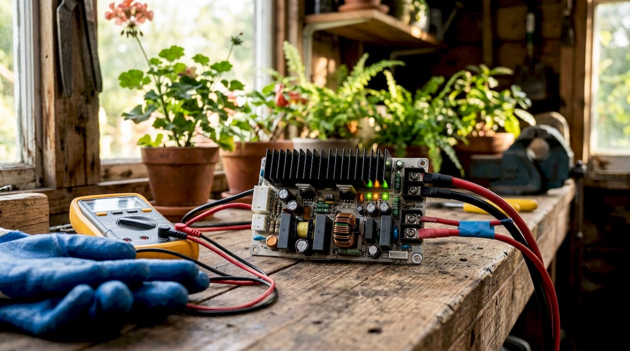 Close-up of DC to DC charger circuit board and wiring