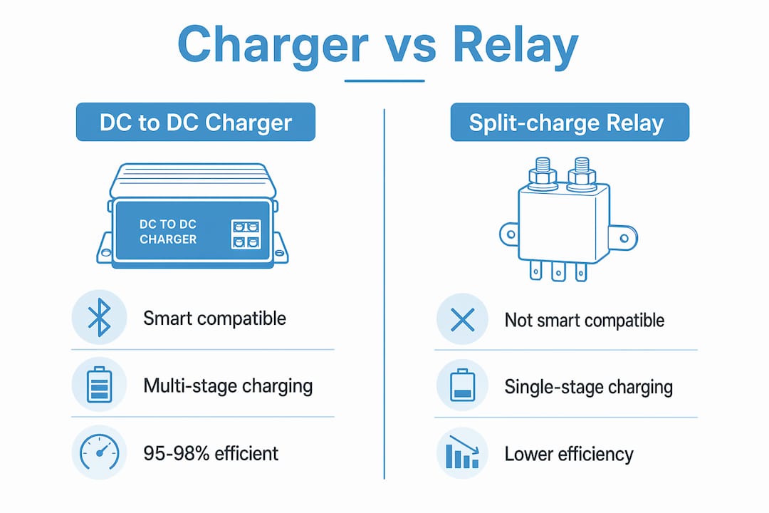Infographic comparing DC to DC charger and split-charge relay features