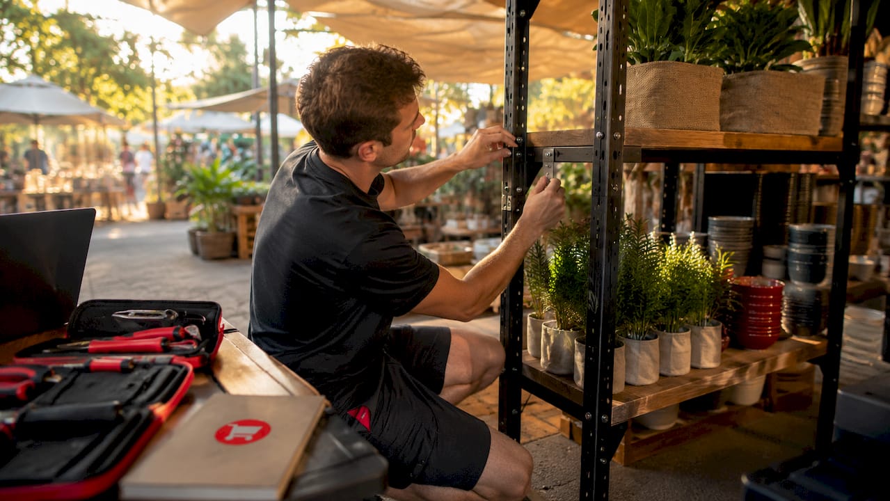 Benefits of modular shelving retail stores can rely on 1 Staff adjusting modular shelving brackets