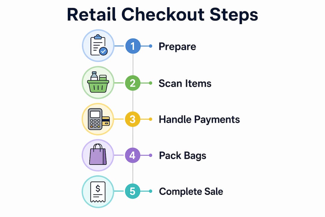Infographic showing five steps of retail checkout process