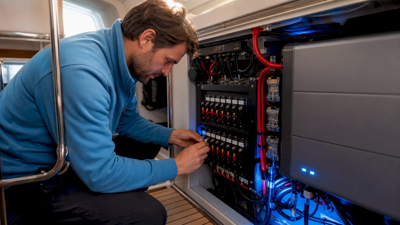 Overhead view of boat electrical panels with inverter