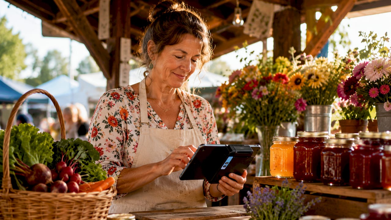 Vendor using mobile POS with card reader outdoors