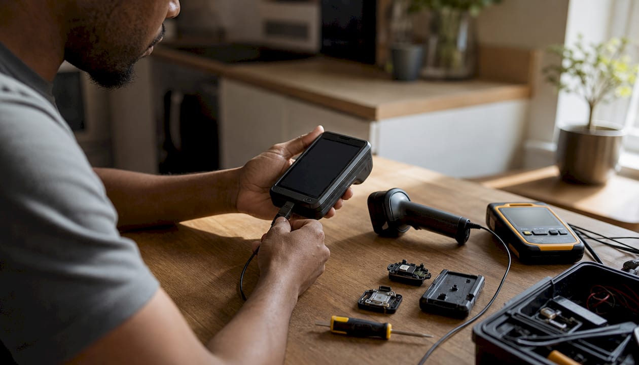 Technician connecting USB scanner to POS terminal
