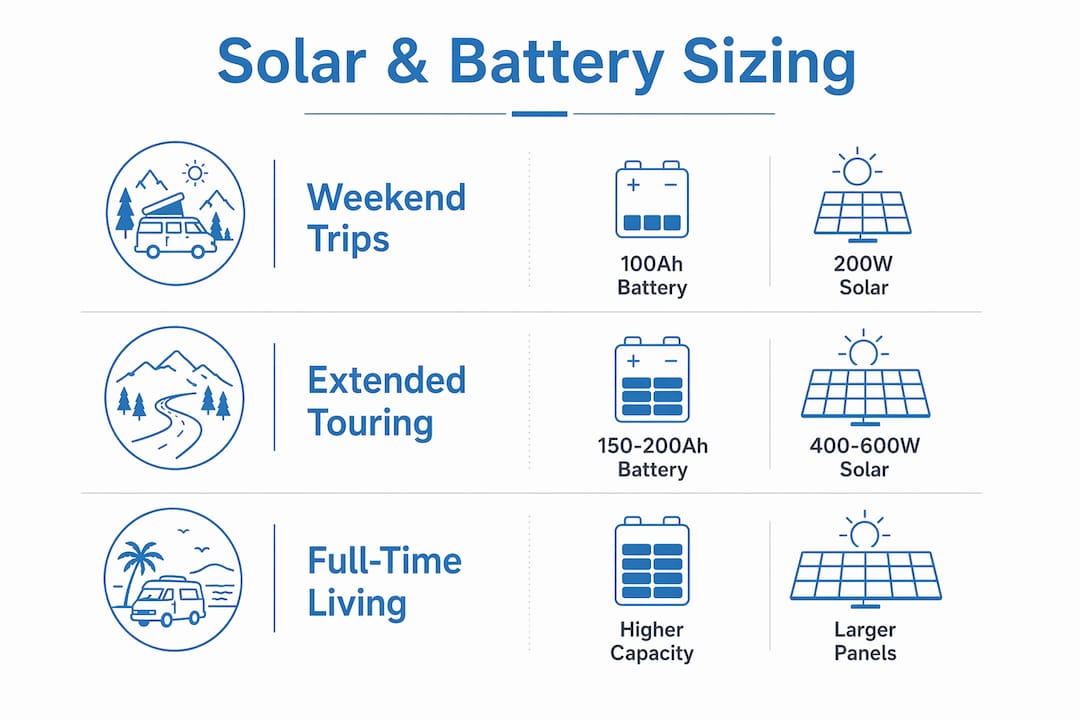 Infographic outlining solar and battery sizing for leisure vehicles UK