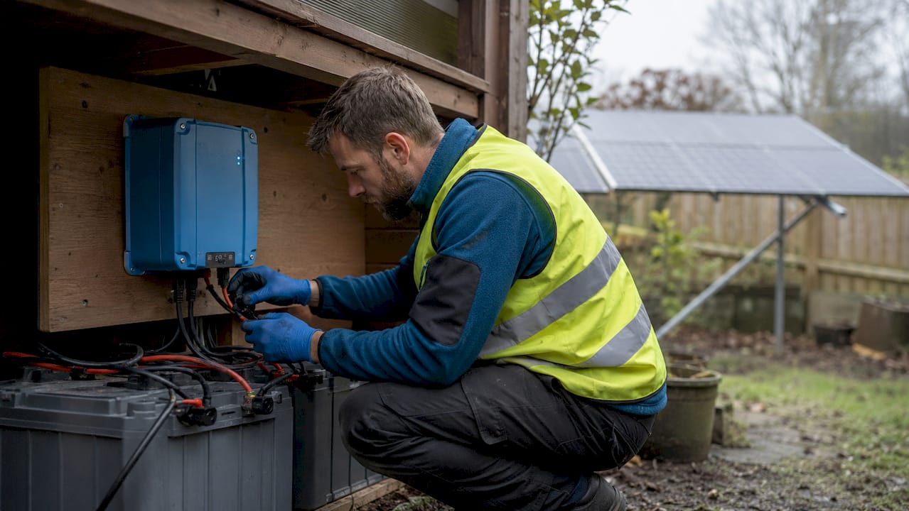 Technician connecting DC-DC charger in solar battery setup