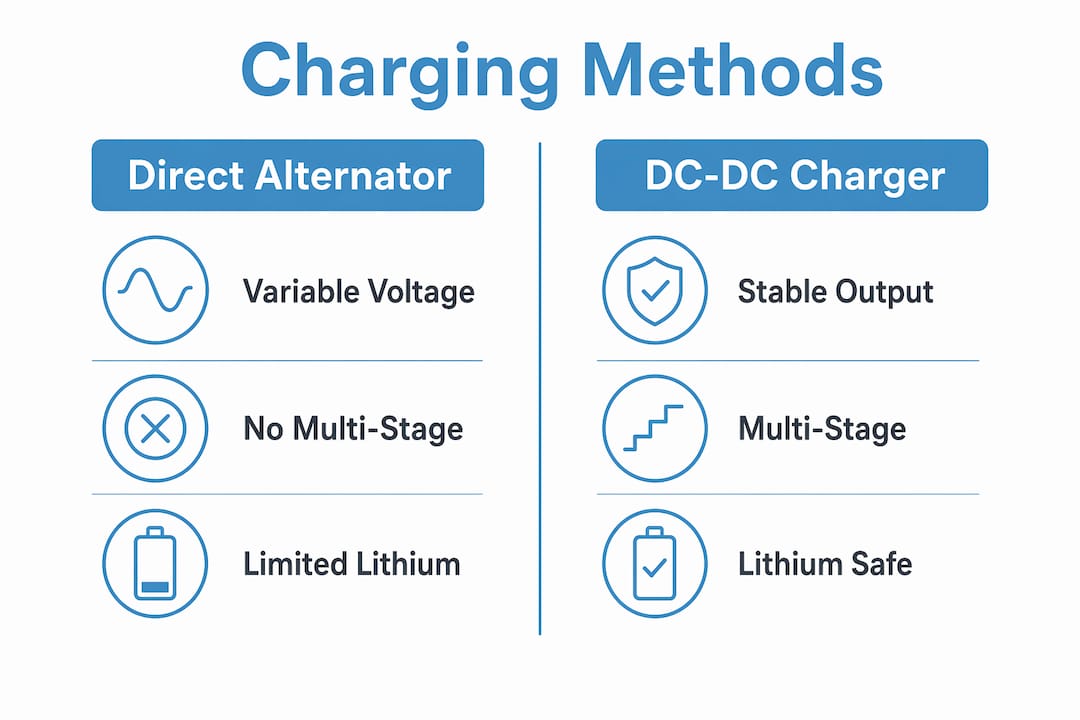 Infographic comparing direct alternator charging and DC-DC chargers