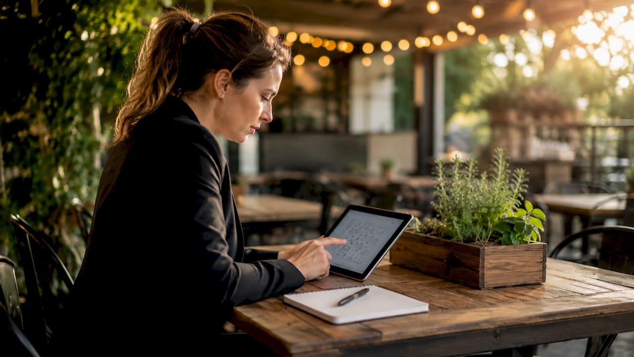 Manager using restaurant seating management tablet