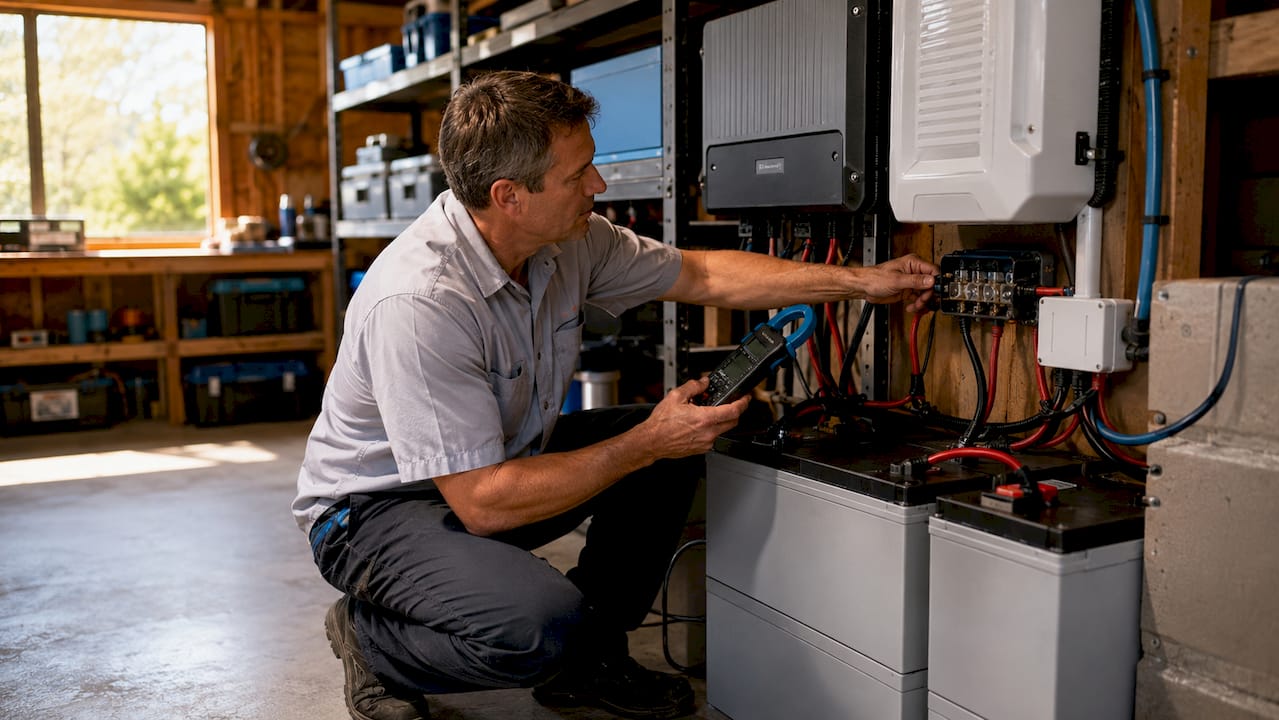 Hands measuring surge load on battery inverter