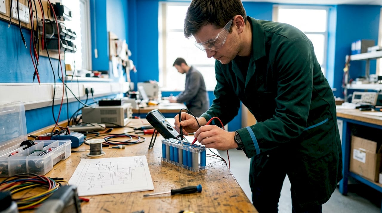 Hands measuring voltage of battery cells