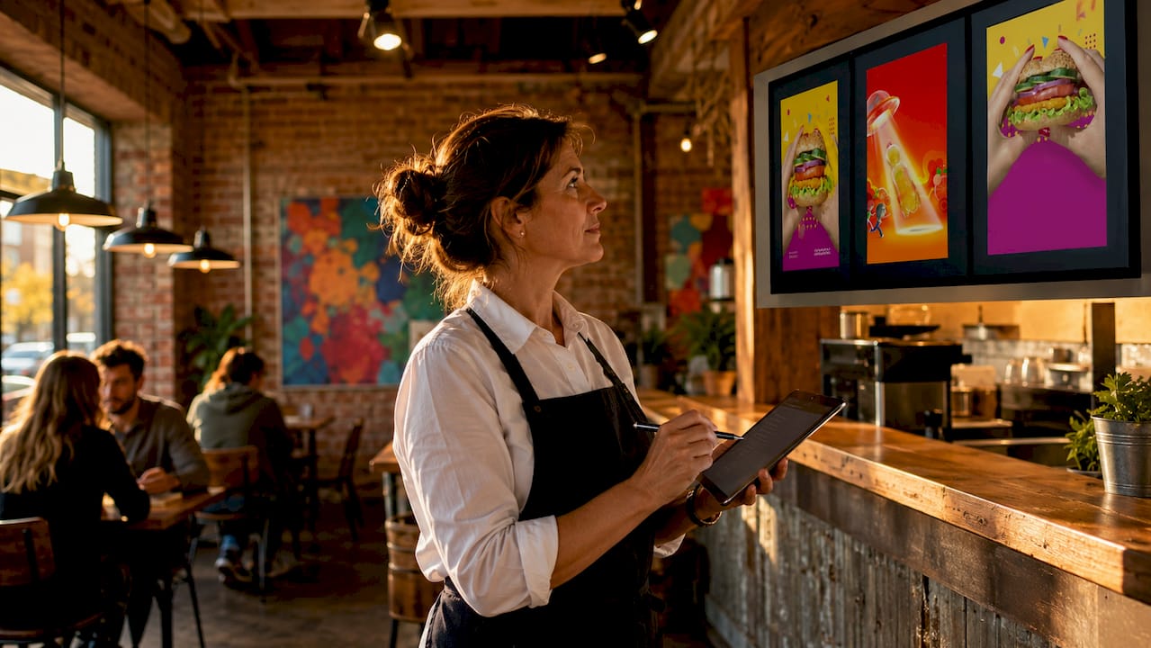 Hospitality worker updating digital menu board