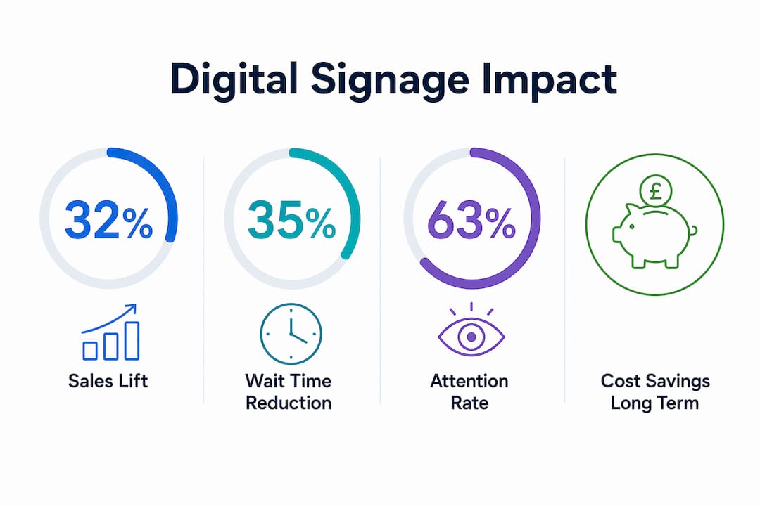 Infographic showing digital signage key benefits with statistics