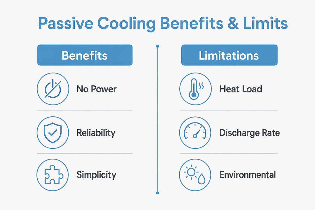 Infographic summarizing passive cooling benefits and limitations