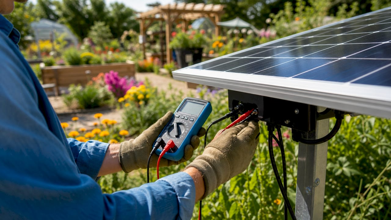 Hands measuring solar panel voltage outdoors