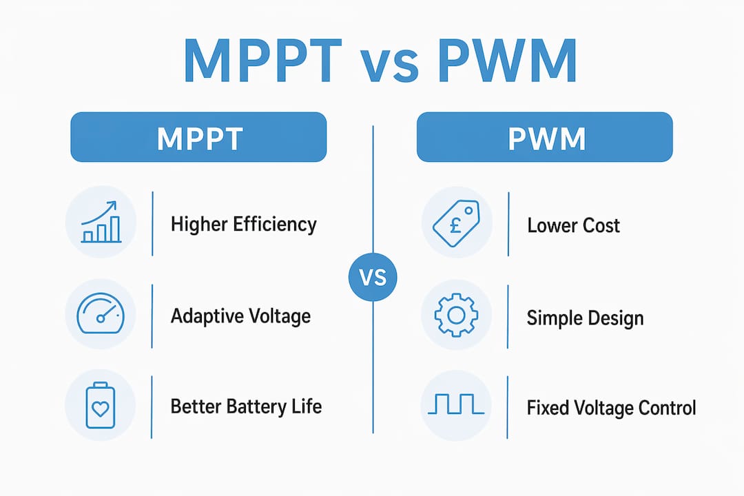 Infographic comparing MPPT and PWM controller features