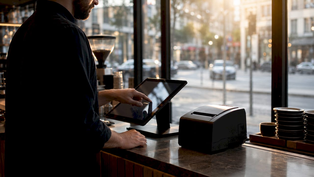 Barista interacting with EPOS touchscreen device at café counter