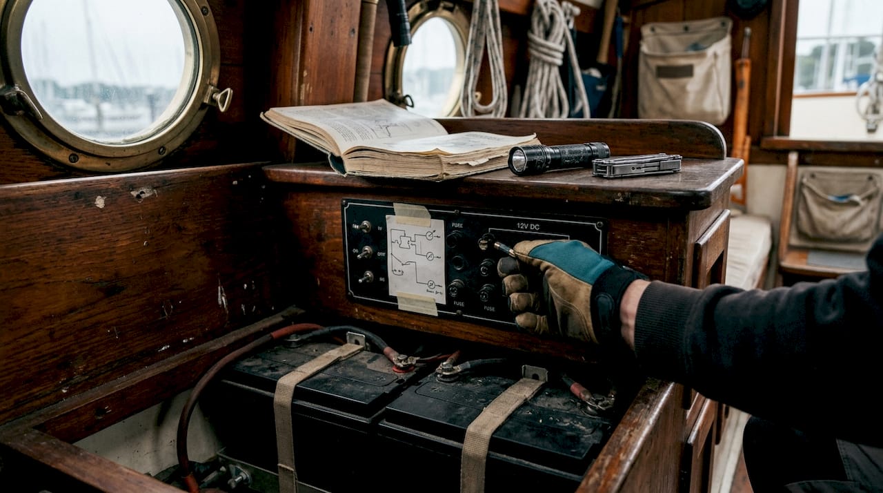 Overhead view of leisure boat 12V battery compartment