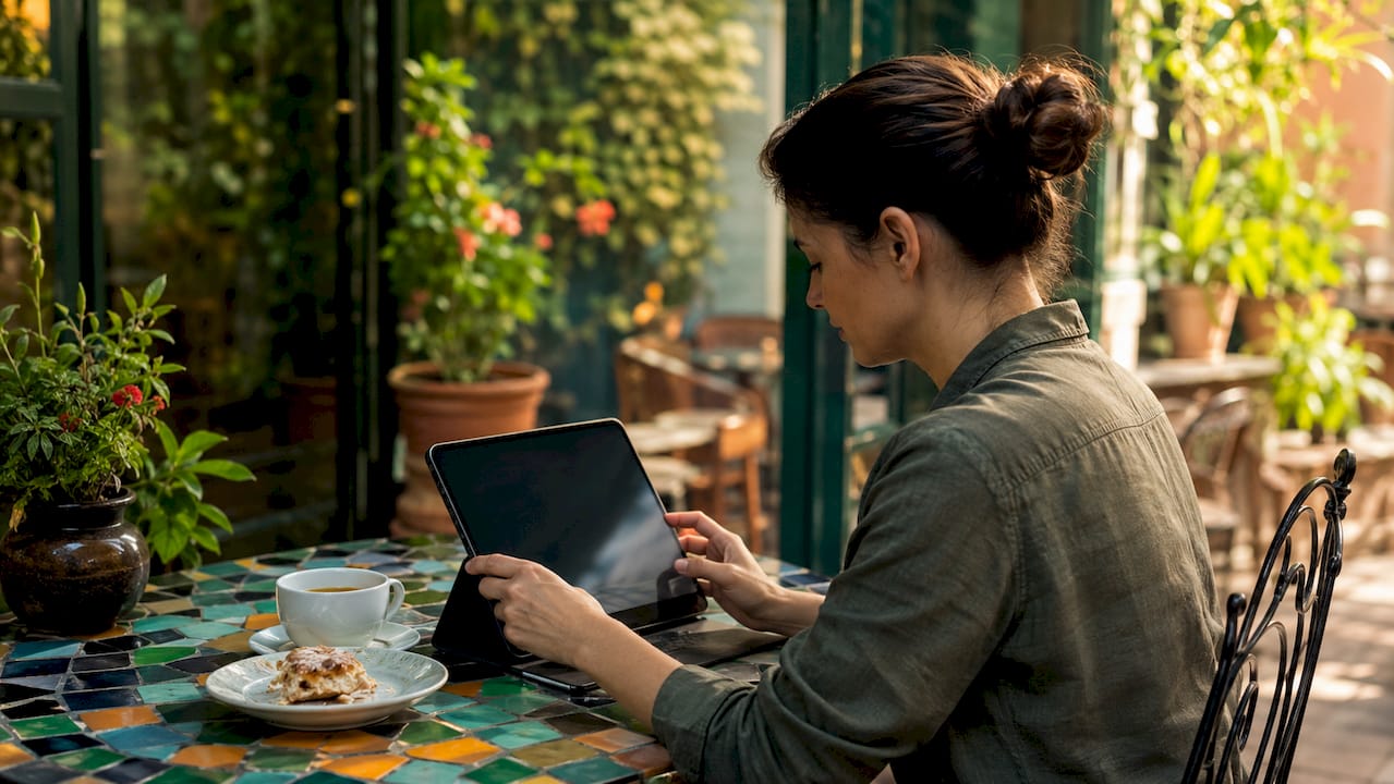 Close-up of hands using POS live dashboard tablet