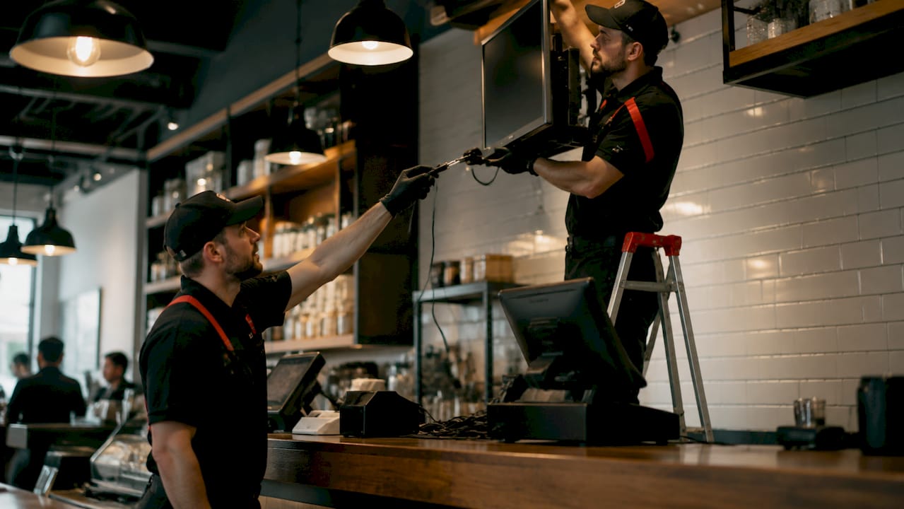 Technicians installing POS-integrated upsell display
