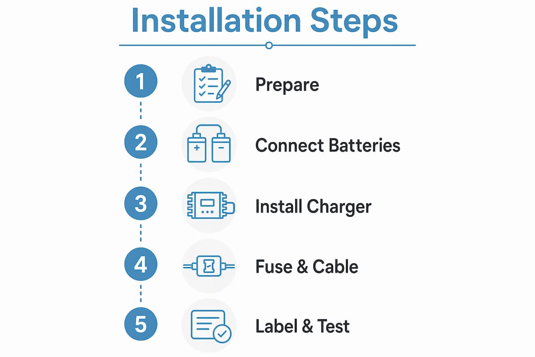 Infographic showing installation steps for dual battery system
