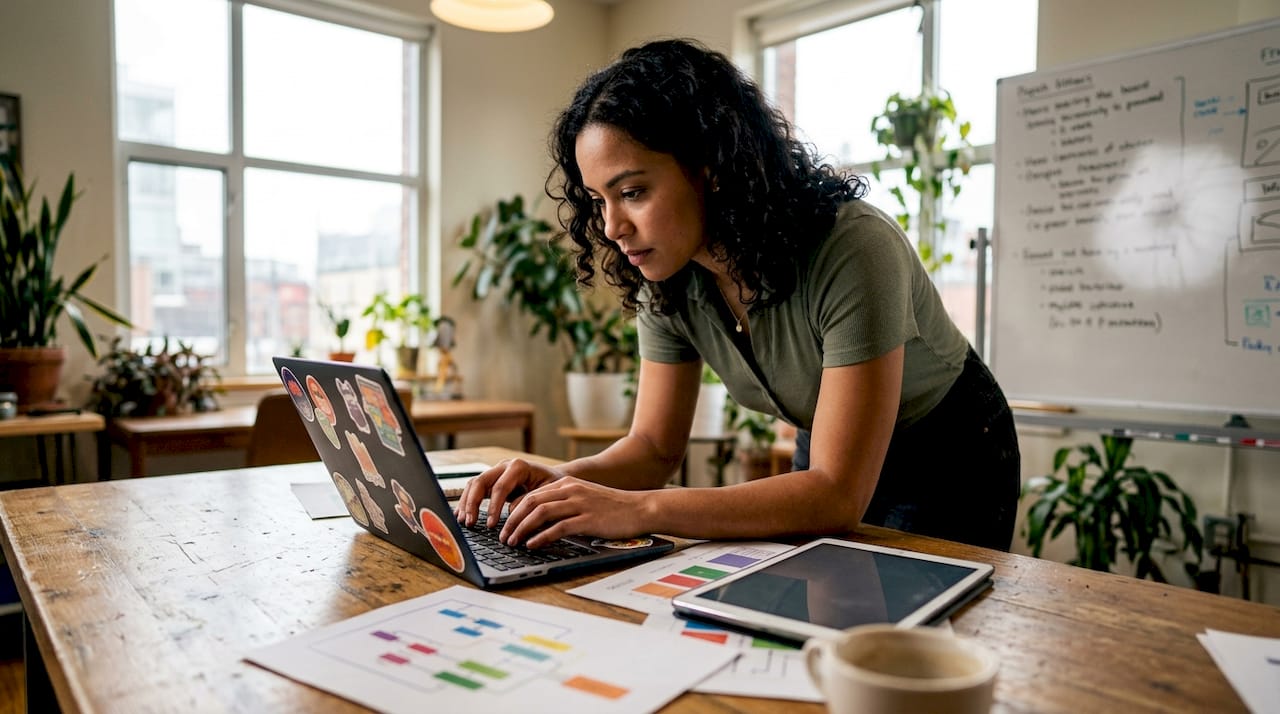 Hands typing on laptop with restaurant SOP papers