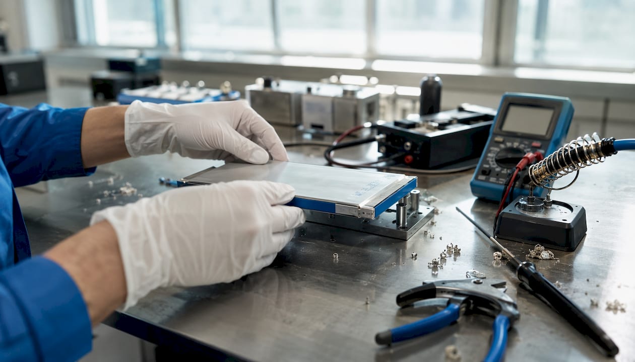 Hands assembling lithium iron phosphate battery cell