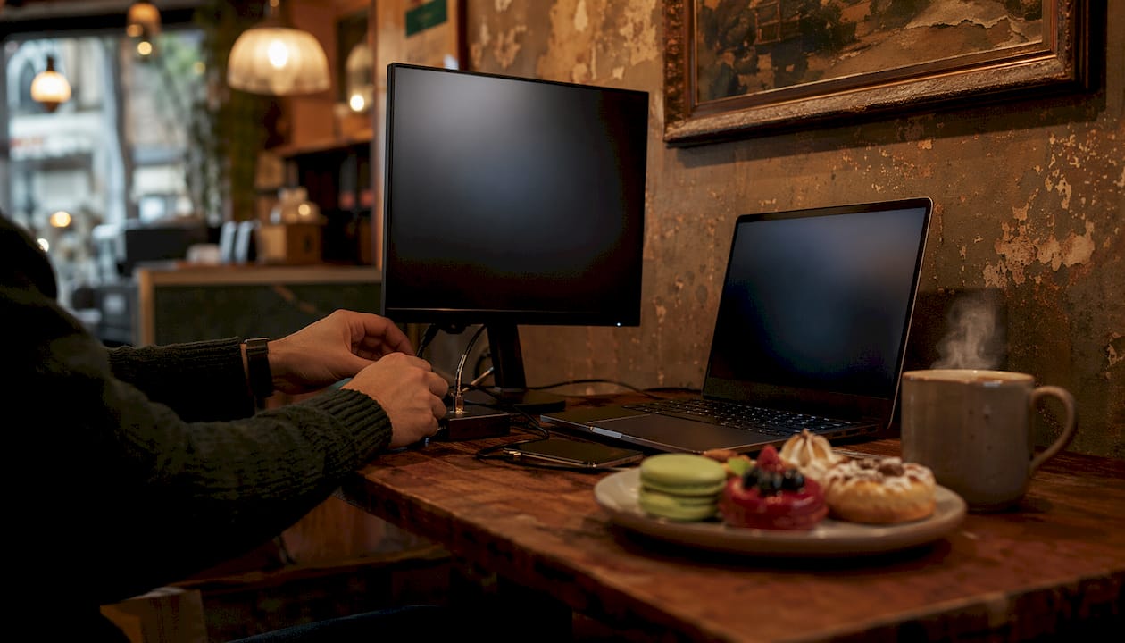 Hands adjusting retail technology setup