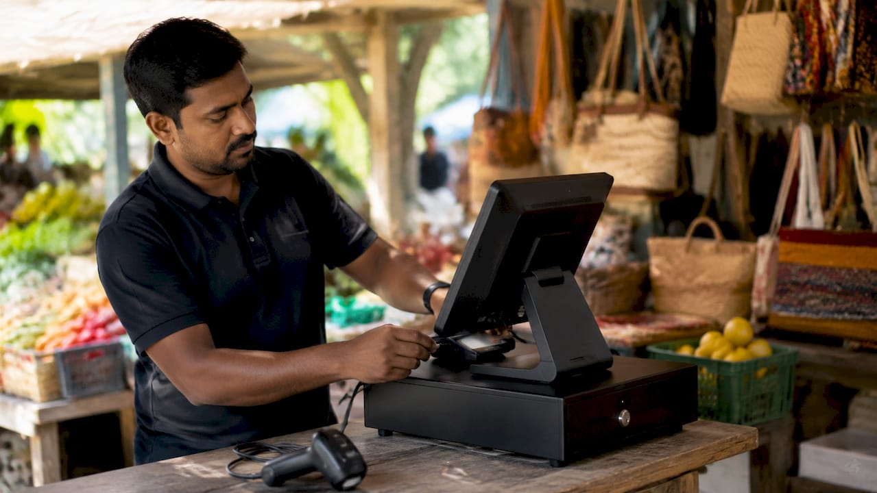 Technician installing POS terminal in boutique