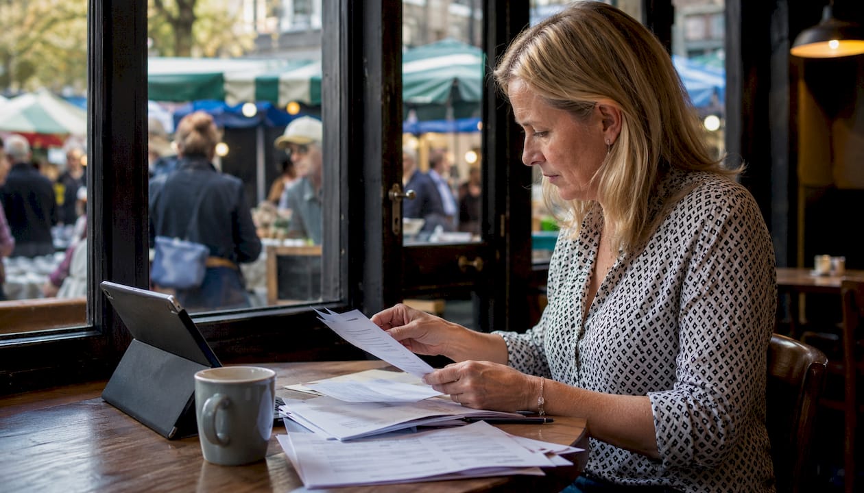Woman managing order forms at office desk