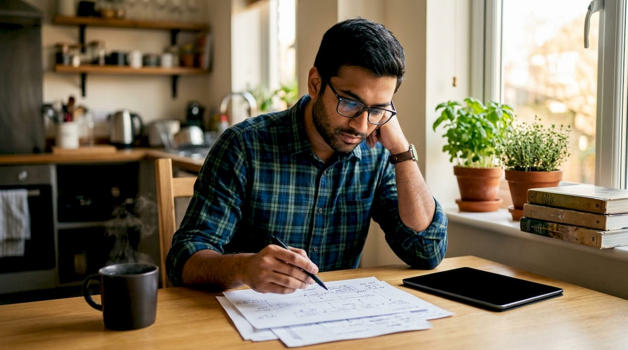 Man reviewing printed workflow diagrams