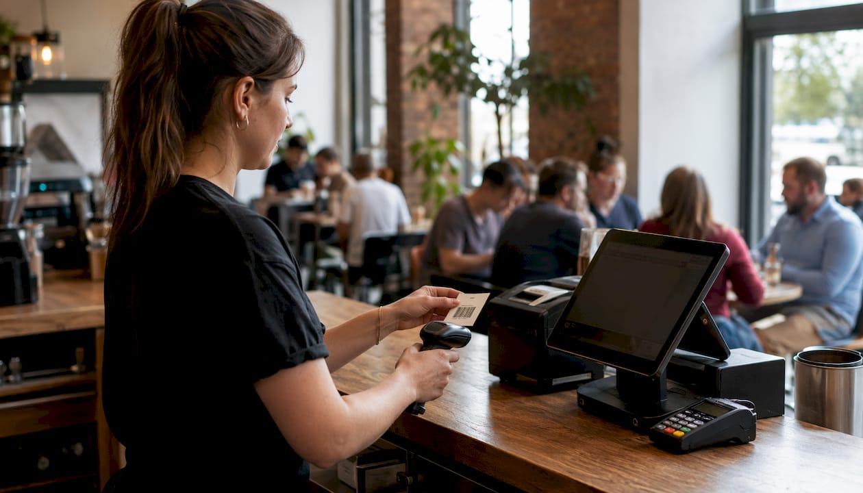 Hands scanning items at POS checkout in café