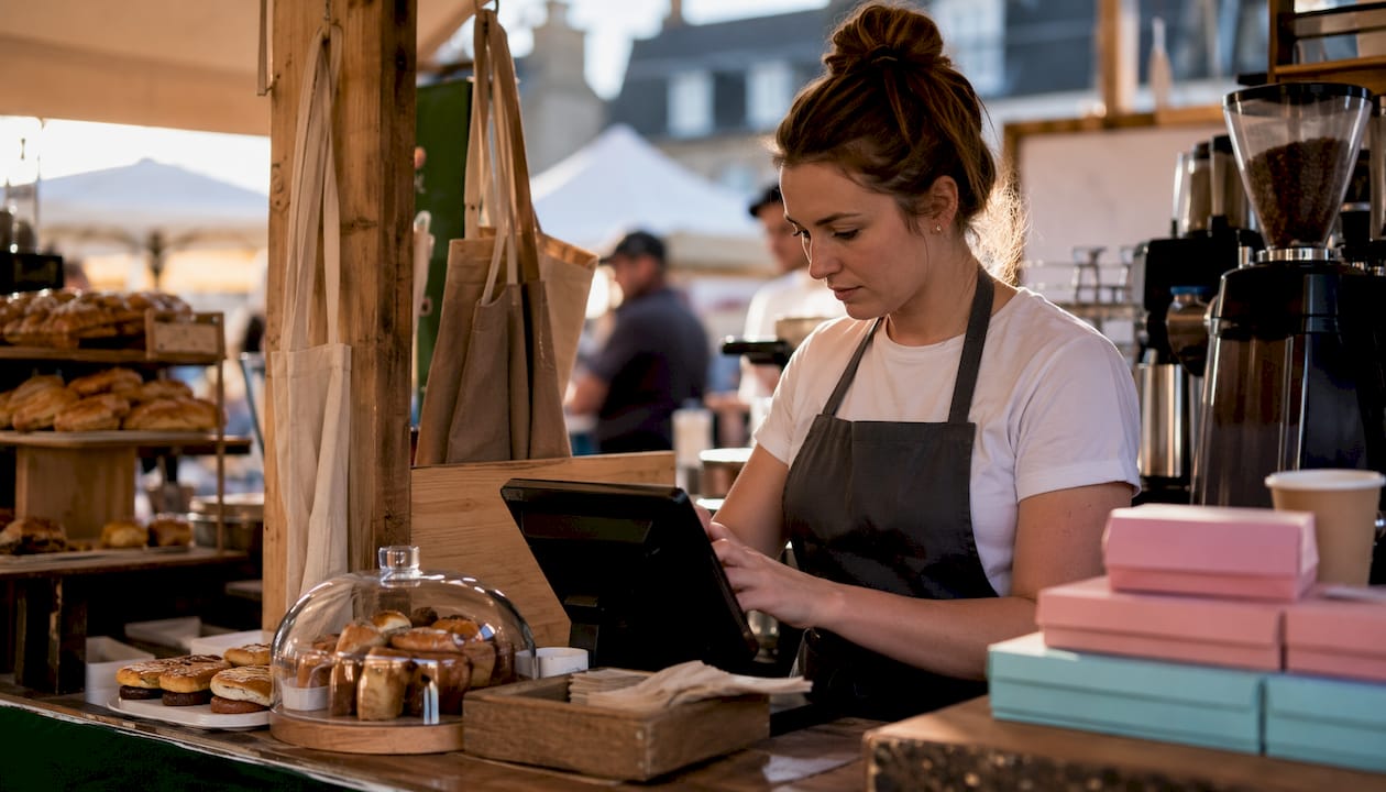 Barista using touchscreen POS device