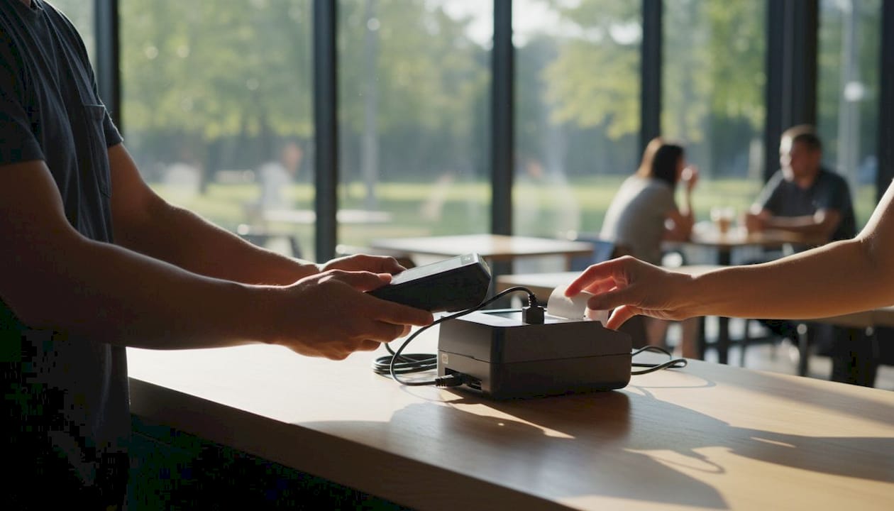 Hands setting up POS hardware in café