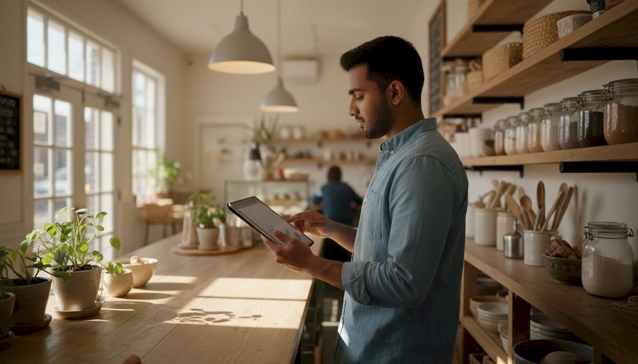 Man using POS tablet in boutique store