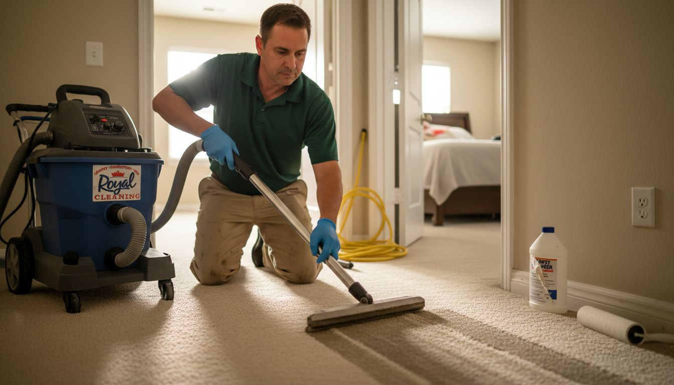 Professional steam cleaning carpet in hallway