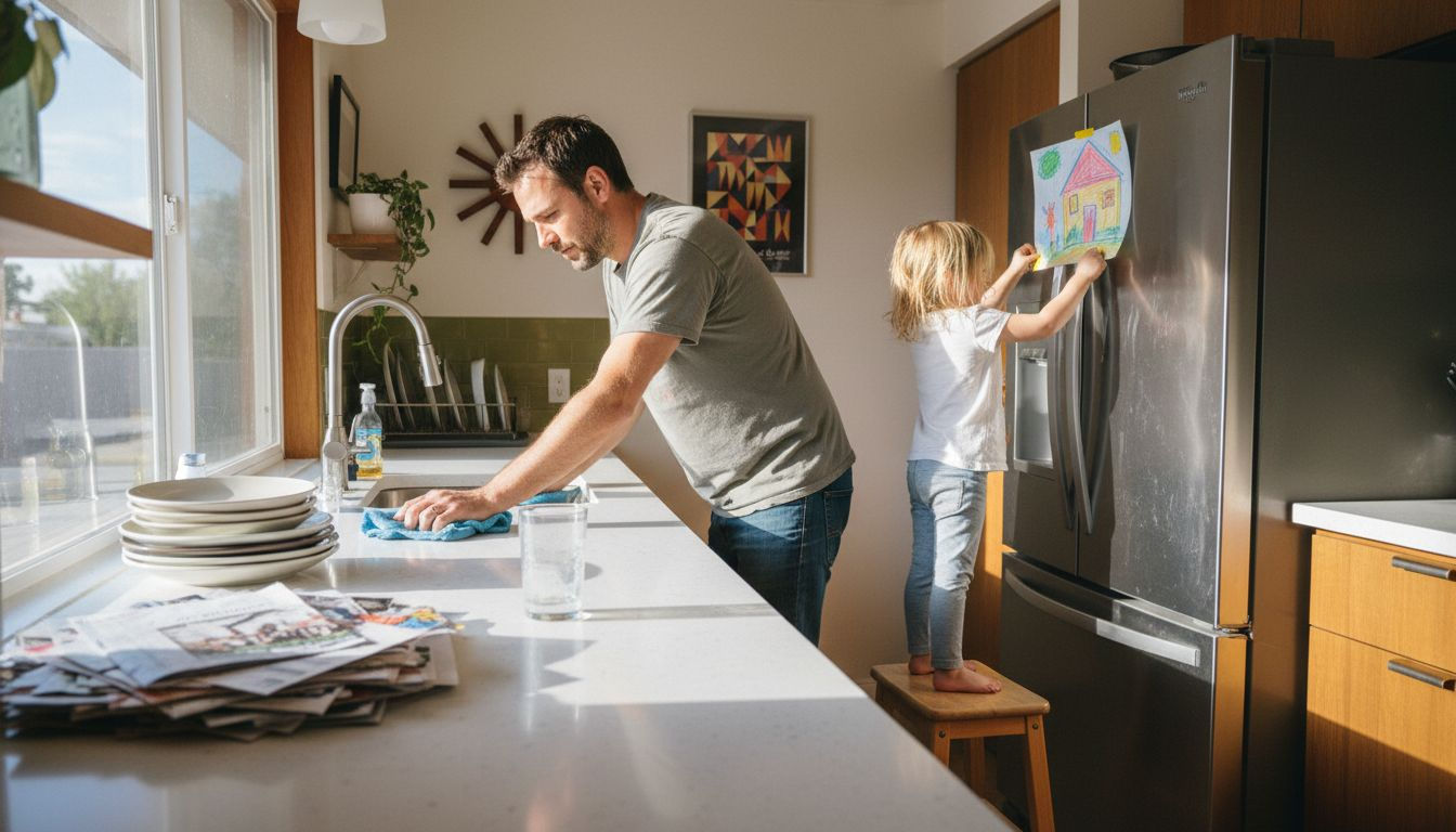Father and child cleaning kitchen countertop