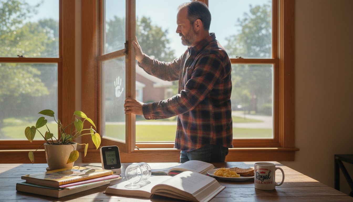 Man in dining room checks home air quality