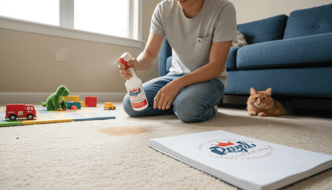 Parent using eco-friendly carpet cleaner near toys