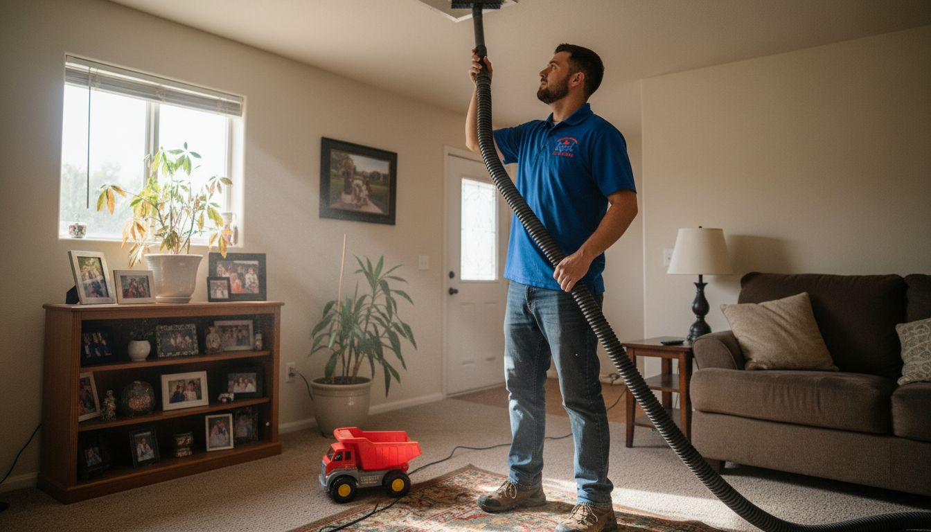 Technician cleaning home air duct vent