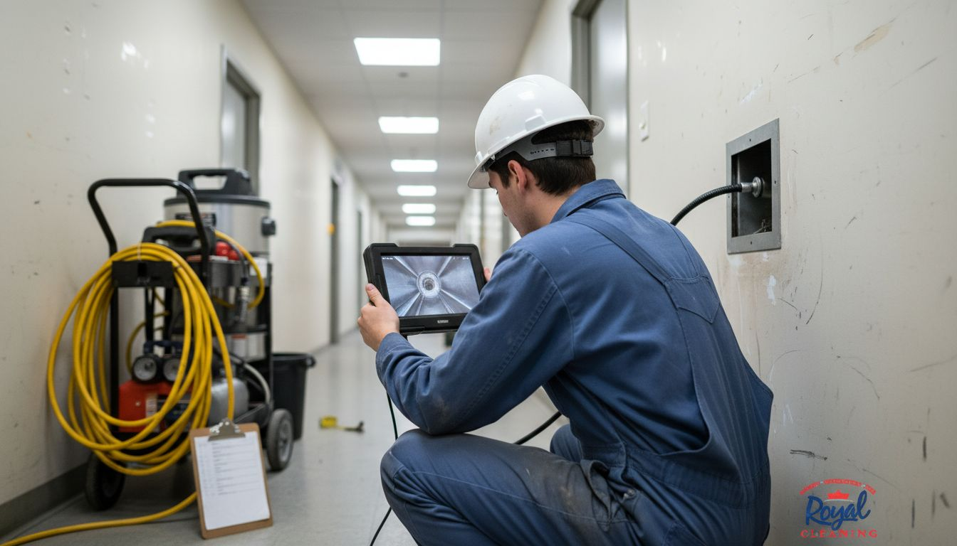 HVAC worker using duct inspection camera