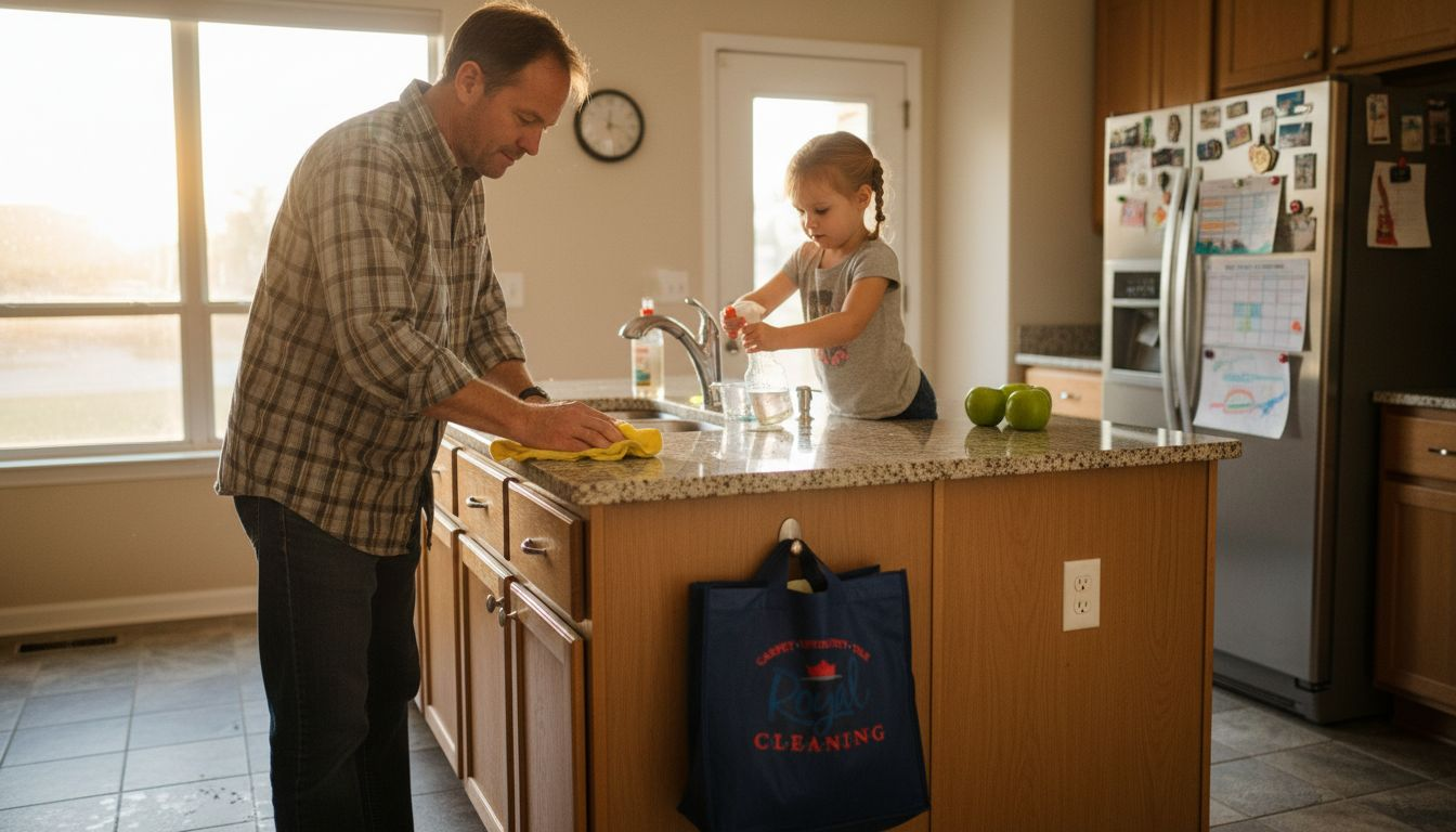 Father and daughter cleaning kitchen naturally