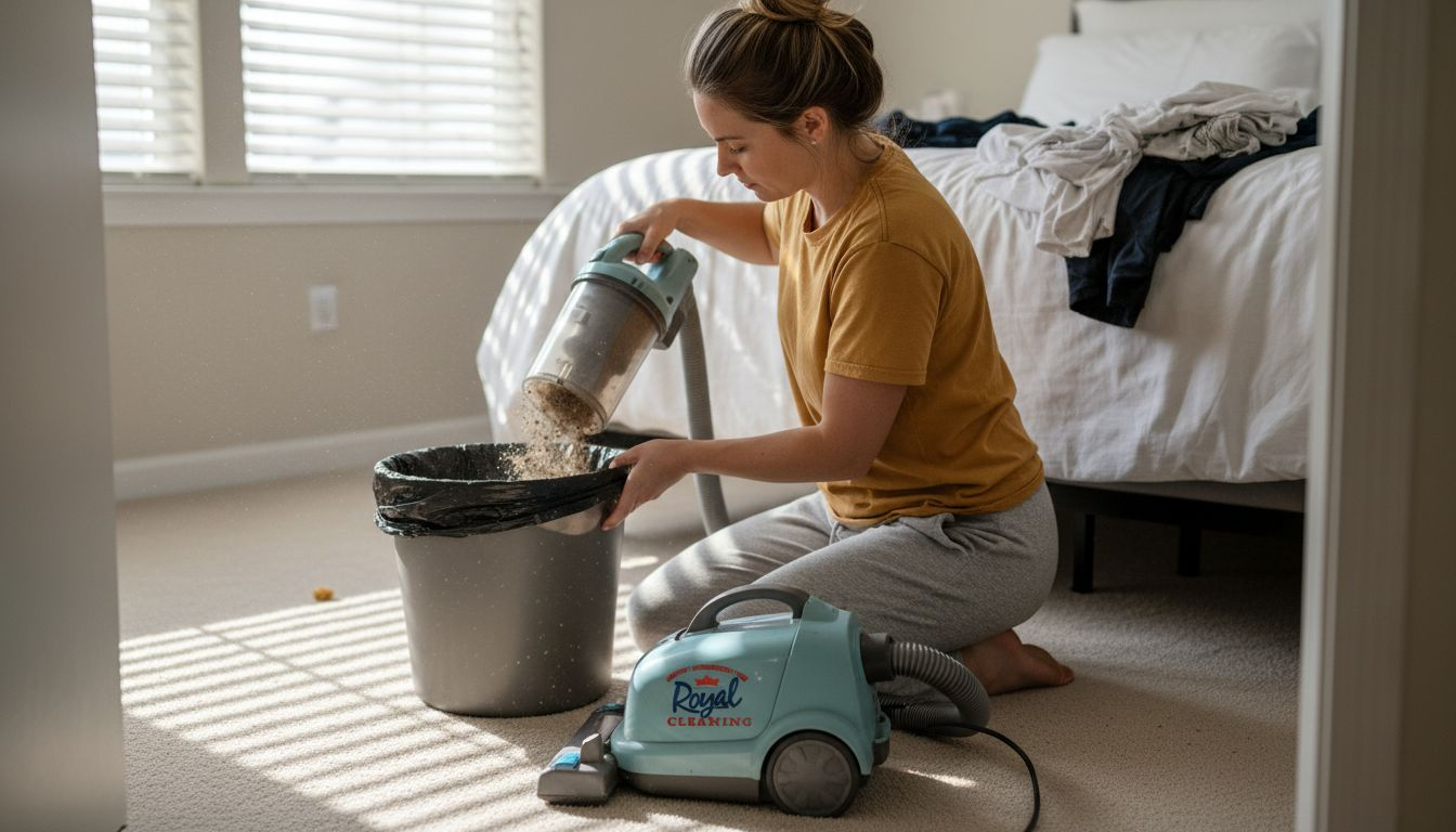 Woman cleaning bedroom to remove dust allergens