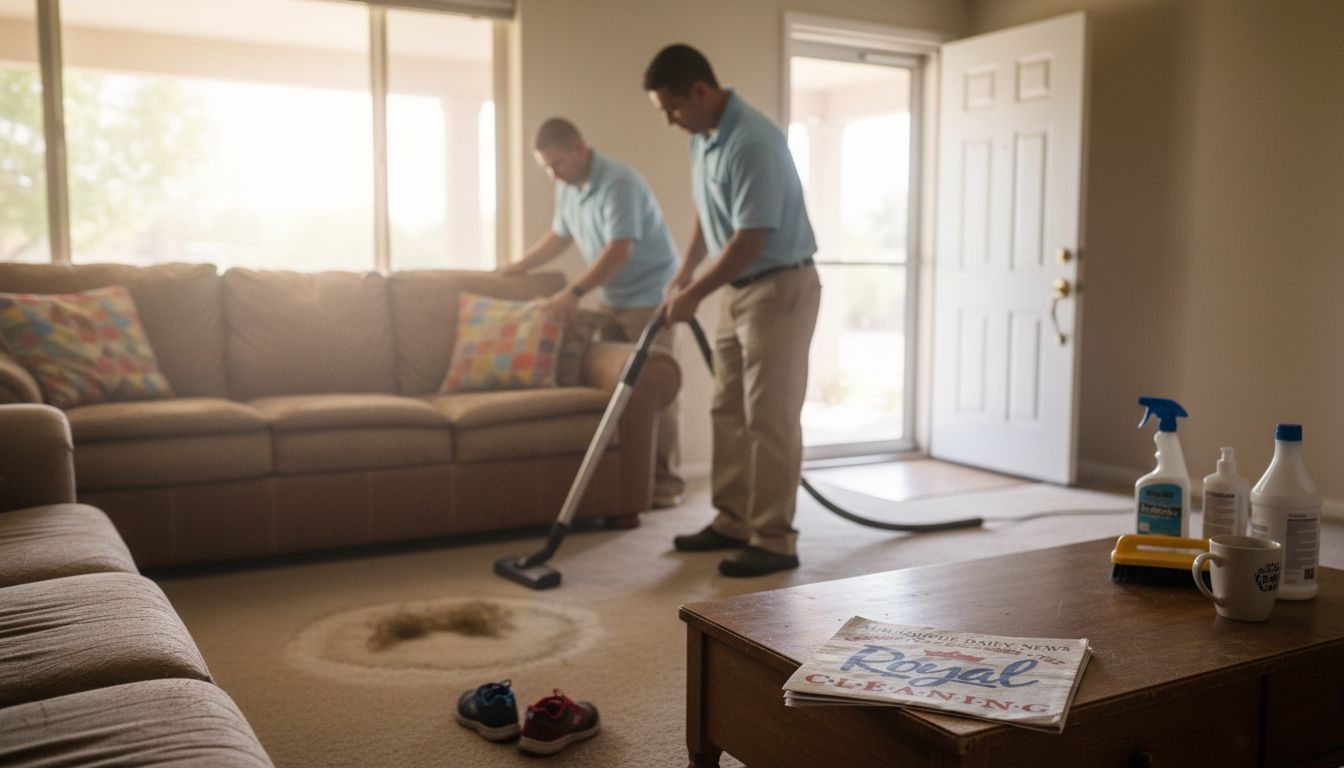 Professional cleaner working in living room
