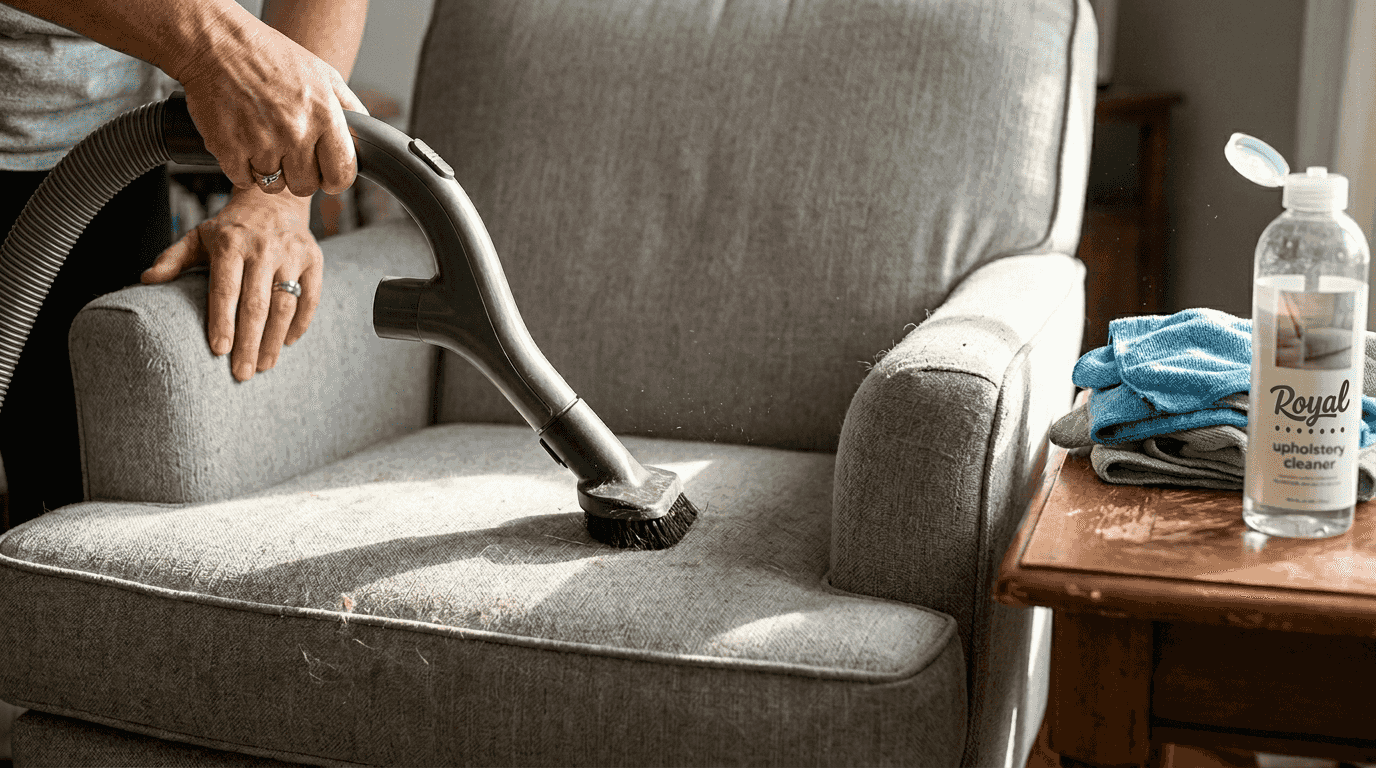 Vacuum cleaner using brush tool on armchair