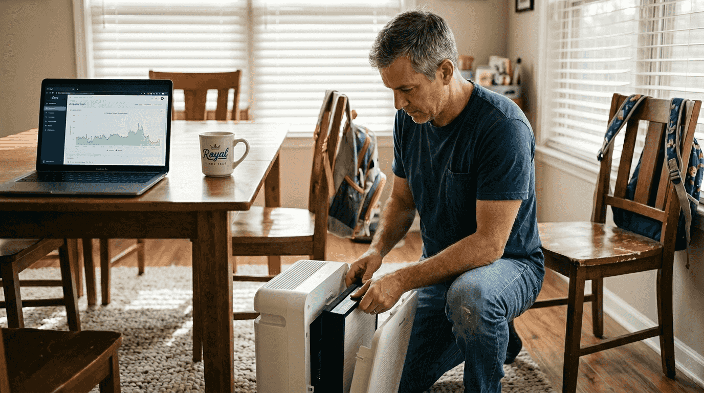 Man changes air purifier near clean rug
