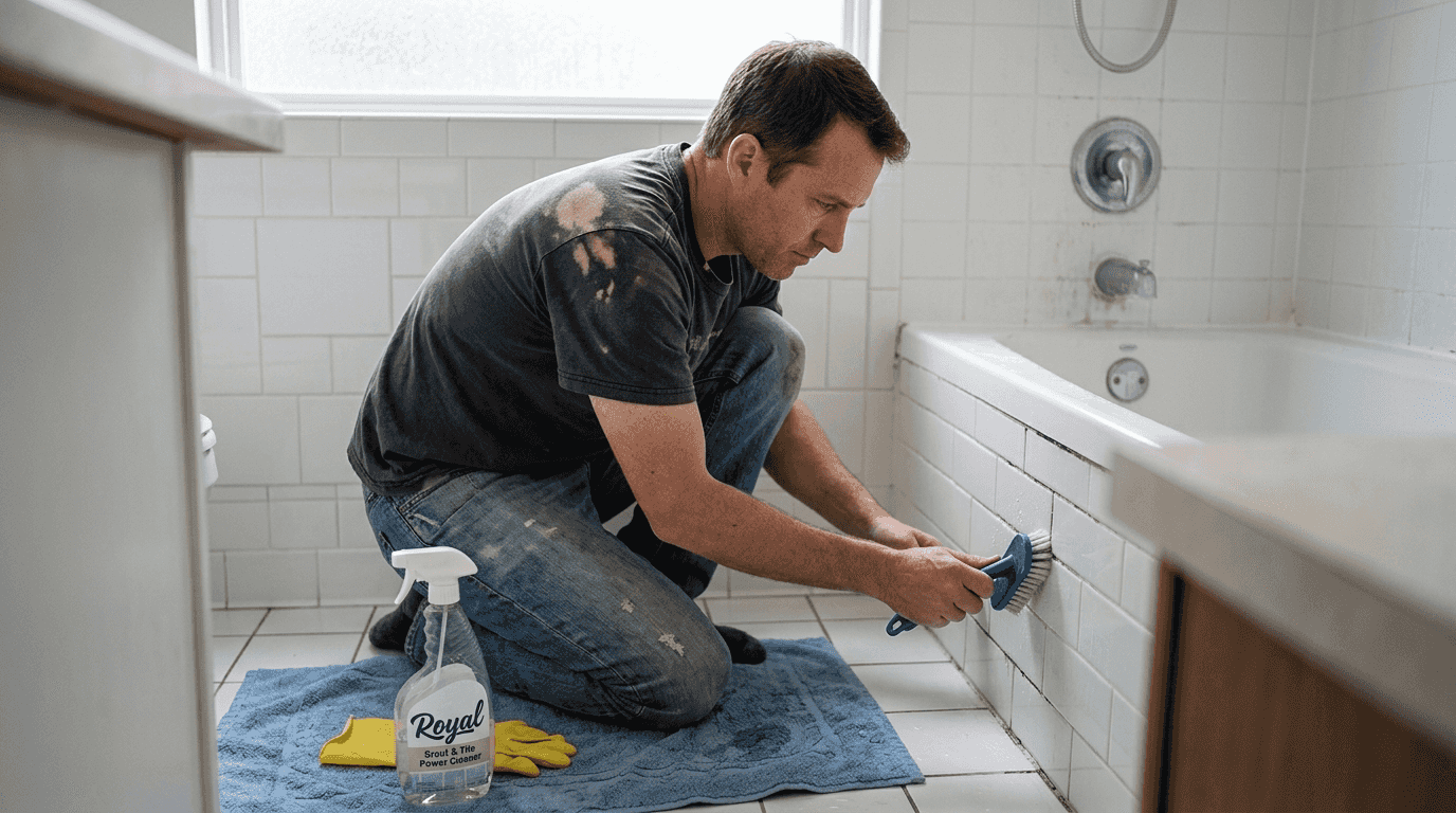 Man scrubbing bathtub grout in lived-in bathroom