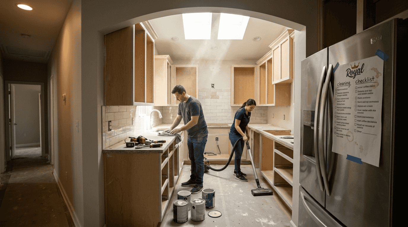 Cleaners performing multi-stage kitchen cleaning